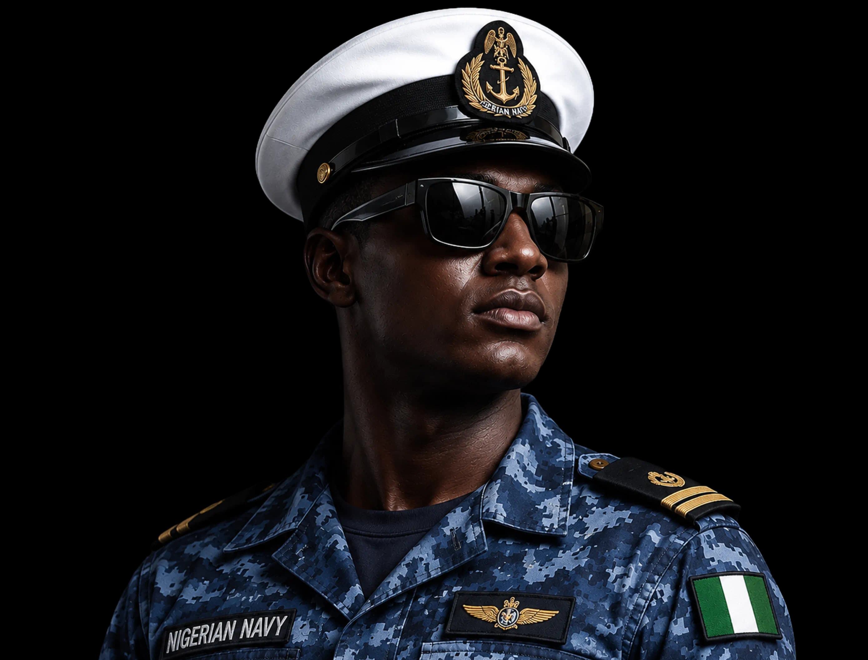 Nigerian Navy officer in dress uniform and sunglasses